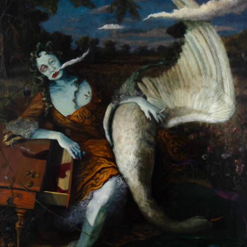 Painting of a blue woman, smoking, with a large swan hanging off her lap as she leans against a piano outside.